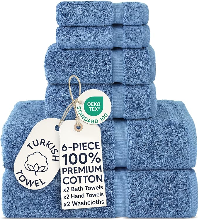 Chakir Turkish Linens 6 Piece Towels Set, 100% Cotton Luxury Turkish Towels for Bathroom, Soft Absorbent Bath Towel Set with 2 Bath Towels 2 Hand Towels 2 Washcloths, Wedgewood