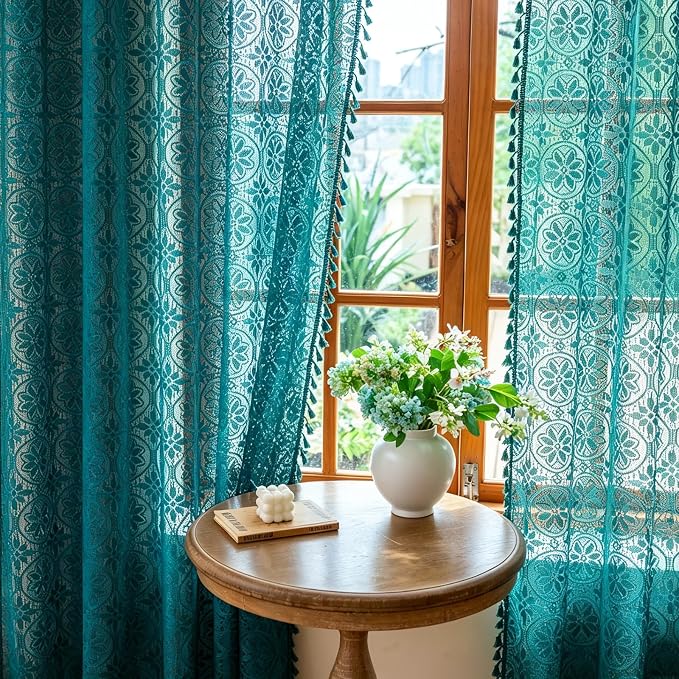 Sutuo Home Boho Lace Curtains 2 Panels 72 inch Lengh for Nursery Bedroom | Sheer Curtains Victorian Floral Drape Privacy Crochet Vintage Chic Tassels Bohemian Window Treatments Rod Pocket, 50" W Teal