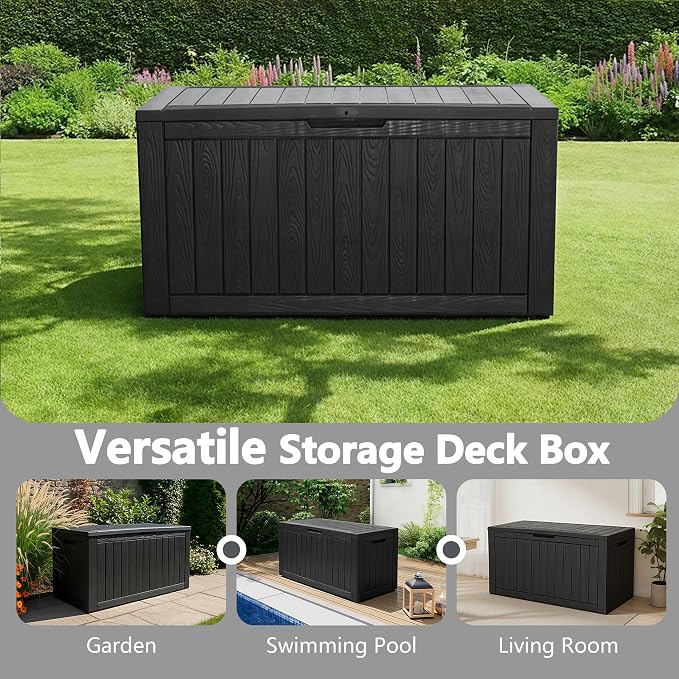 110 Gallon Waterproof Large Resin Deck Box, Lockable Large Outdoor Storage Box Indoor Outdoor Storage Container for Patio Cushions, Gardening Tools, Pool Supplies, Black