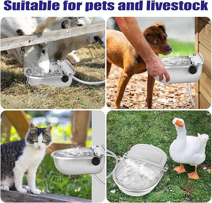 ToLanbbt 4PCS Automatic Animal Dispenser Horse Water Bowl with Float Valve Stainless Steel Goat Waterer Feeder Outside Water Trough for Livestock Auto Fill Dog Water Bowl with 1/2" Hose, Drainage Hole