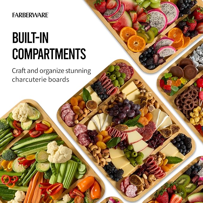 FARBERWARE Build-a-Board Cutting Board with Three Compartments and Clear Locking Lid for Charcuterie, Snacks, and More, Bamboo