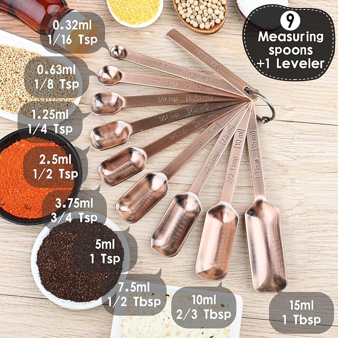 Copper Measuring Cups and Spoons Set, Stainless Steel Measuring Cups and Spoons Set, Metric & US 7 Measure Cup & 9 Long MeasureSpoon,1Leveler & 1Measure Equivalents for Kitchen & Baking