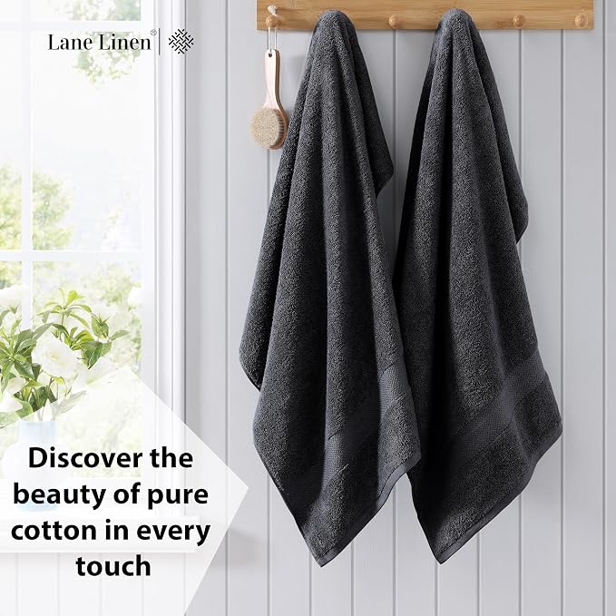 LANE LINEN Bath Towel Set Absorbent Quick Dry 100% Cotton 4 Piece - Black | Towel Sets For College Dorm - OEKO-TEX Certified, Ring-Spun Durability, Ring-Spun Cotton, Terry Weave Comfort, Densely Woven