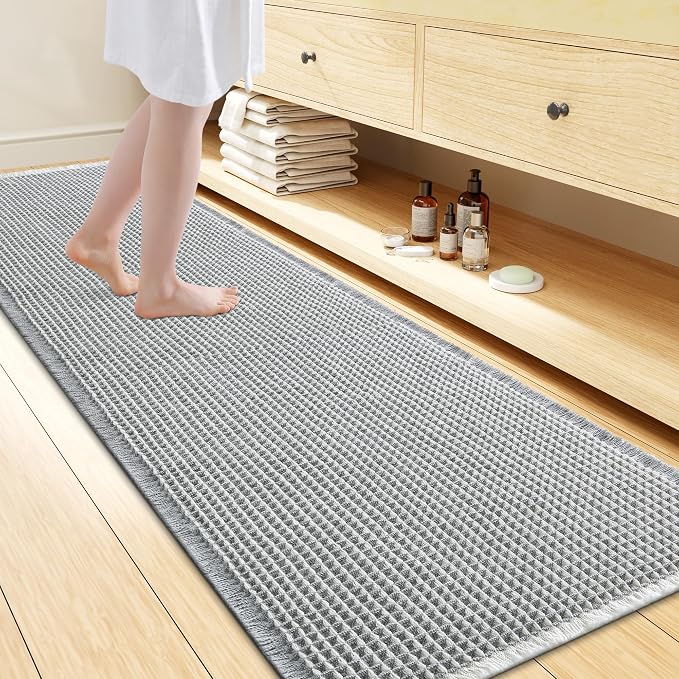 Smiry Waffle Bath Mat 72x24, Extra Soft Absorbent Bathroom Rugs, Non Slip Machine Washable Quick Dry Bath Rugs for Bathroom Floor, Tub, Shower, Home Decor Accessories, Lightgrey & Cream