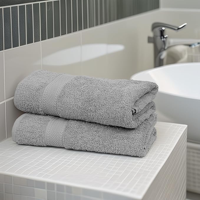 Medium Size Bath Towels Set of 6 – 100% Cotton Terry – 24" x 48" – Quick Dry, Soft & Highly Absorbent – Light Grey Towels for Bathroom, Gym, Spa, Pool & Daily Use