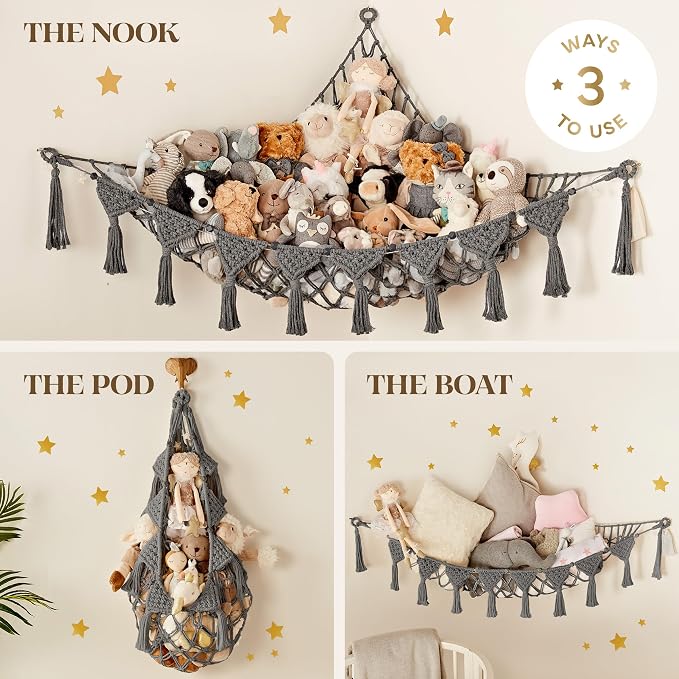 TIDYTEDS Macrame DreamLights Boho Stuffed Animal Storage Net or hammock Extra Large for Small or large Plushies. Plush Gray Toy Storage Holder