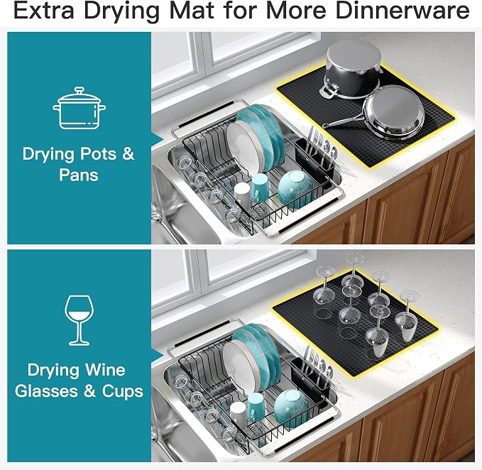 JASIWAY Black Dish Drying Rack in Sink with Mat, Cups and Utensil Holder | Use Over the Sink or Counter, Stainless Steel Expandable Dish Drainer for Small Kitchen, Space Saving, Fast Drain, Rustproof