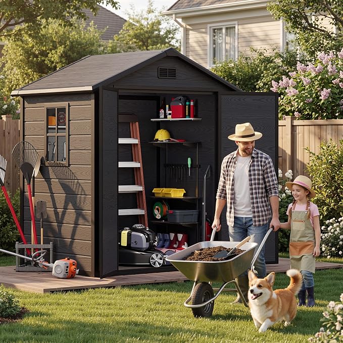 DWVO 6X5FT Resin Storage Shed with Reinforced Floor, Outdoor Storage Shed with Lockable Door, Window and Vents, Waterproof Plastic Tool Shed for Garden, Backyard, Patio, Lawn