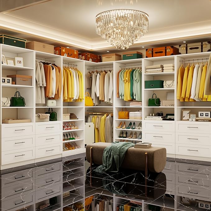 Vomavex Closet System with 4 sets, 101.9" Closet Organizer Systems with 6 Drawers & 8 Hanging Rods & Adjustable Shelves, Walk in Closet Standing Closet System, Corner Closet System Set, White