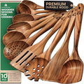 Wooden Spoons for Cooking – 10 Pcs Teak Wood Utensil Set, Durable, Nonstick Safe & Heat Resistant with Ergonomic Handles