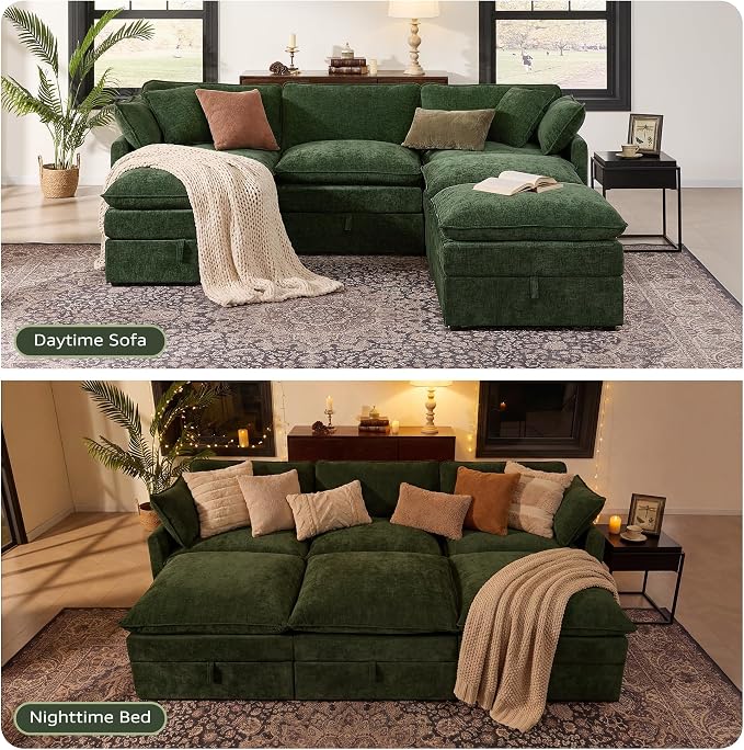 Ihanherry Oversized Sectional Sofa Bed with Storage, 103" 6-Seater Modular Cloud Couch with Movable Ottomans, Chenille Deep Seat Sleeper Couches for Living Room (Green)