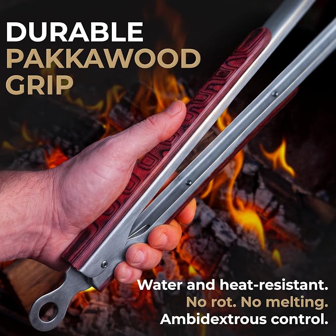 32-Inch Heavy Duty Long Grill Tongs for BBQ & Outdoor Cooking | 1.0mm Thick stainless steel & Pakkawood handles. Extra long tongs for campfire camping cooking essentials & fireplace tools