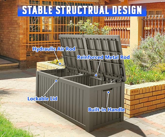 150 Gal Deck Box,Outdoor Storage Box Waterproof Lockable,Gas Lift,Grey | Large Resin Deck Box, UV-resistant all-weather, lockable storage for patio furniture, garden tools, pool accessories, black