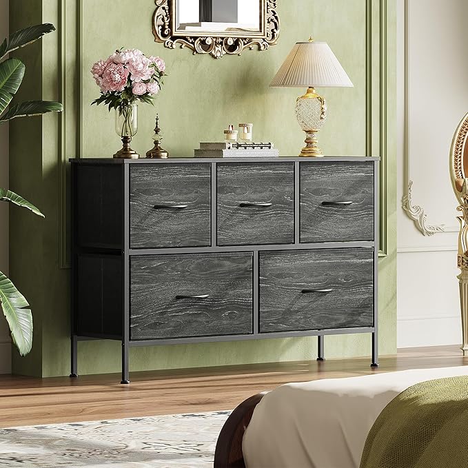 WLIVE 5 Drawer Dresser for Bedroom, Wide Chest of Drawers, Black Wood Grain | 5 roomy fabric drawers, Wide low-profile design, Bedroom or closet use, Sturdy steel frame, Smooth wood tabletop