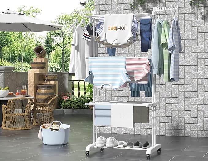 HOMIDEC Clothes Drying Rack, Large 4-Tier Foldable Drying Rack Clothing(67.7H x 19.7W x 30L Inches), Movable with 4 Castors. Multifunctional Stainless Steel Laundry Drying Rack, White