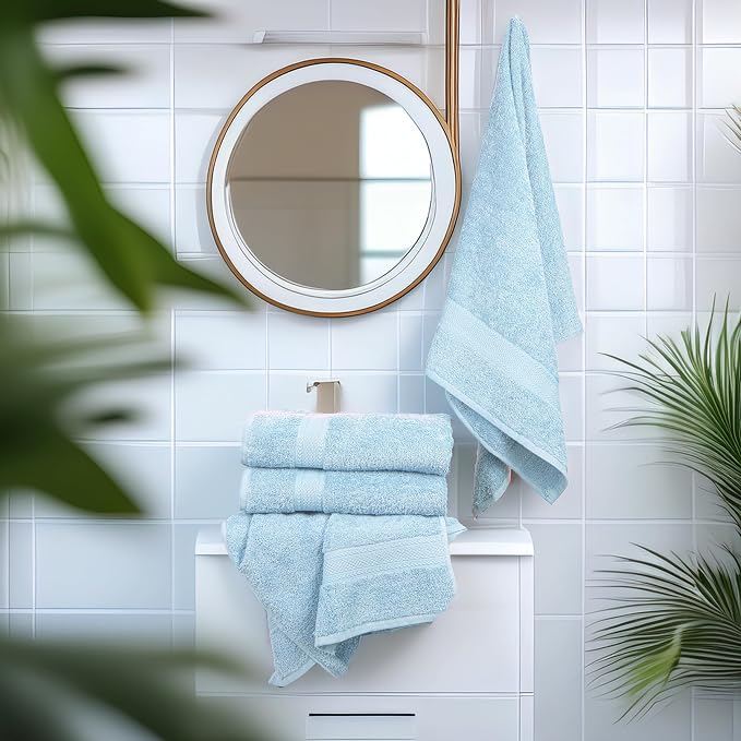 Medium Size Bath Towels Set of 6 – 100% Cotton Terry – 24" x 48" – Quick Dry, Soft & Highly Absorbent – Sky Blue Towels for Bathroom, Gym, Spa, Pool & Daily Use