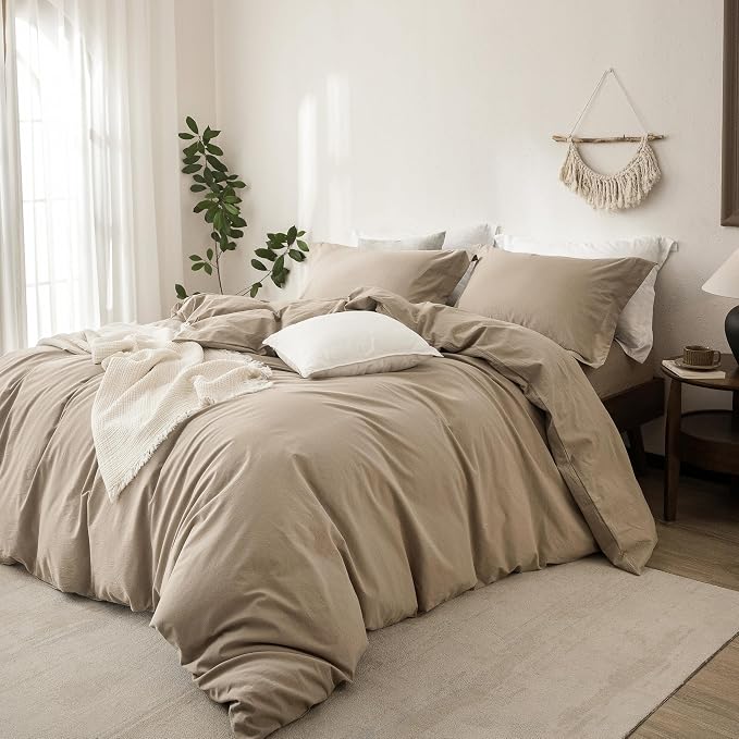 Linen Feel Duvet Cover Queen Size 90inch x 90inch,100% Washed Cotton Duvet Cover with Zipper Closure and 2 Pillowcases, Color of Mocha Brown
