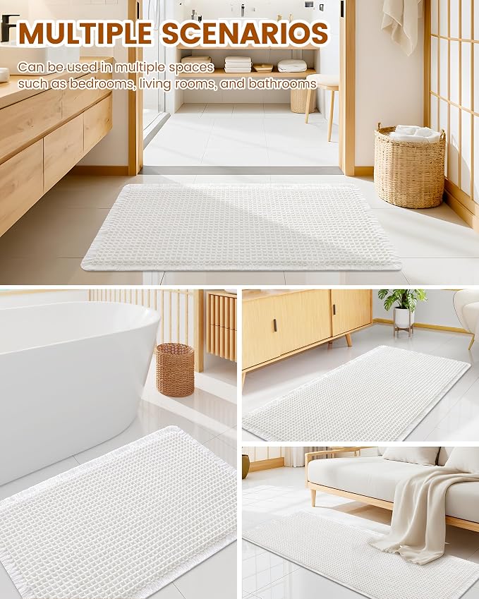 Smiry Waffle Bath Mat 60x24, Extra Soft Absorbent Bathroom Rugs, Non Slip Machine Washable Quick Dry Bath Rugs for Bathroom Floor, Tub, Shower, Home Decor Accessories, White