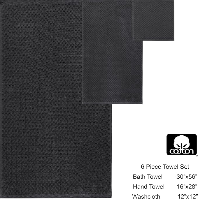 COTTON CRAFT Euro Spa Waffle Weave 6 Piece Towel Set - 100% Cotton - Charcoal
