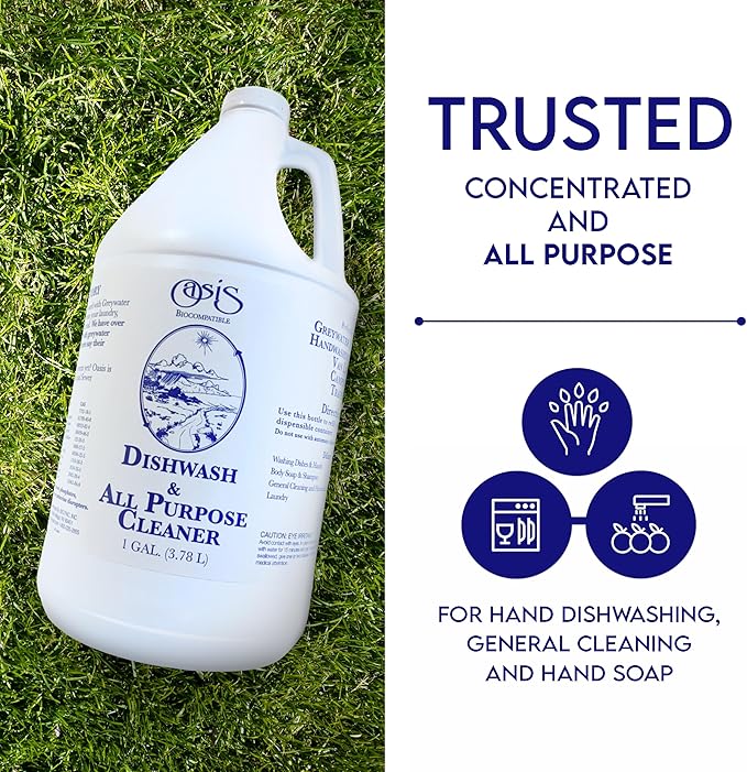 Oasis Biocompatible Dish Soap Liquid & All Purpose Cleaner - Reuse Greywater for Plants - Clean, Safe, Concentrated, Grey Water Friendly, Sodium-Free, Biodegrades Into Plant Nutrients - 1 Gallon