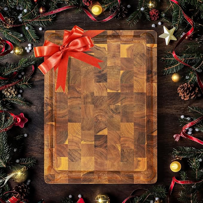 Yes4All Durable Acacia Cutting Boards for Kitchen, [17''Lx13''Wx1.5” Thick] Medium End Grain Cutting Board, Pre Oiled Wood Cutting Boards, Thick Chopping Board w/Juice Grooves and Easy Grip Handle
