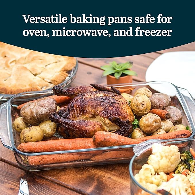 Libbey Baker's Basics 3-Piece Rectangular Glass Casserole Baking Dish Set, Clear, 2 Qt, 2.7 Qt, 3.4 Qt, Transparent, Stackable, Dishwasher Safe