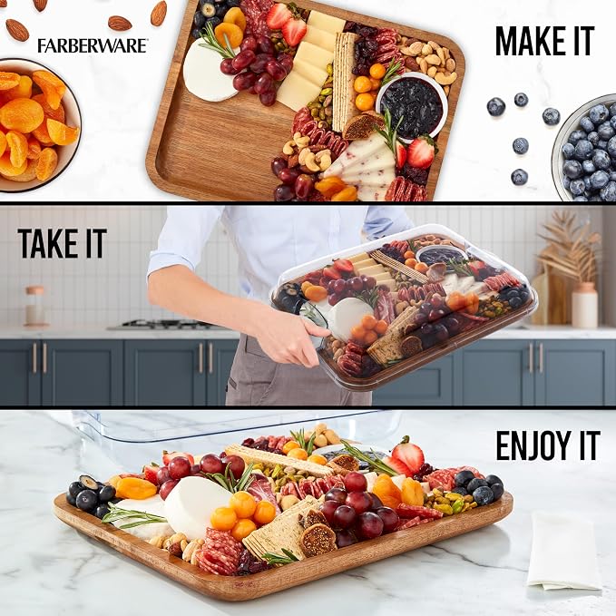 Farberware Acacia Wood Cutting Board with Clear Locking Lid, 11x14 Inch Charcuterie Board with Compartments, Reversible Serving Board for Cheese, Meats, Fruits and Snacks - Make It, Take It, Enjoy It