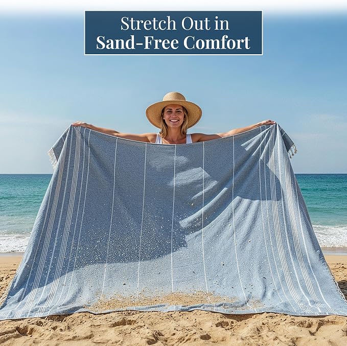 LANE LINEN Beach Blanket Sand Free, Picnic & Cotton Beach Towel - Sky Blue | Oversized Beach Blanket, 82"x82" - Beach, Backyard, Boat & Campsite Ready - Quick-Dry Weave, Dries Fast - Roomy Family Size