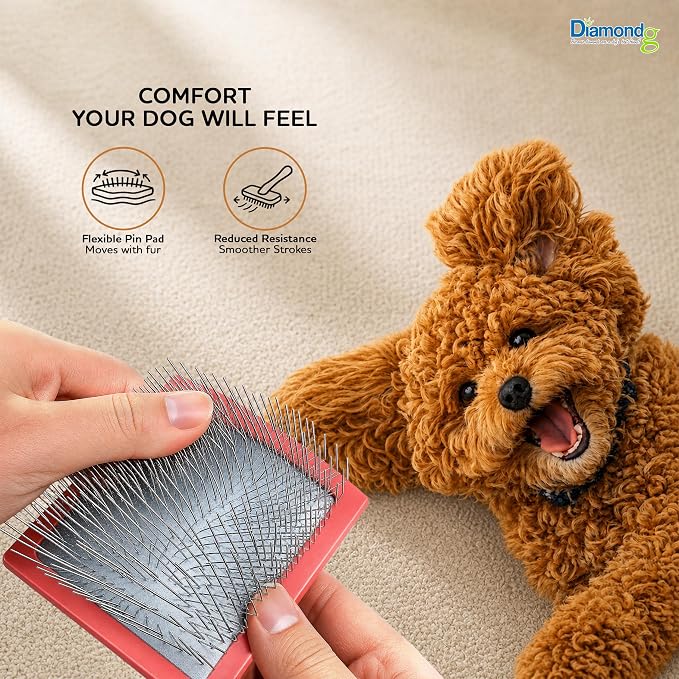Diamondg Pet Slicker Brush for Dogs & Cats – Professional Grooming Brush for Shedding, Detangling & Coat Maintenance, Gentle Fine Wire Pins, Ergonomic Handle, Red