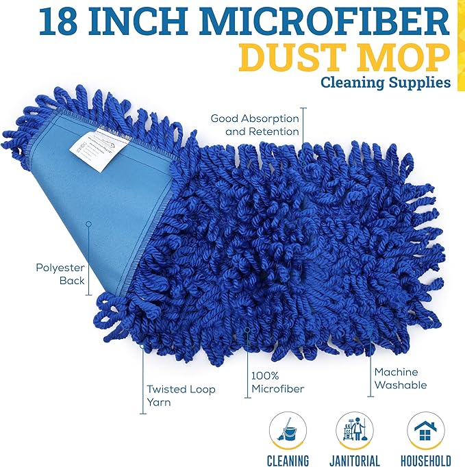 KLEEN HANDLER 18 Inch Microfiber Dust Mop, Large Washable Commercial Mop Head Replacement, Sweeper, Janitorial Supplies, Blue