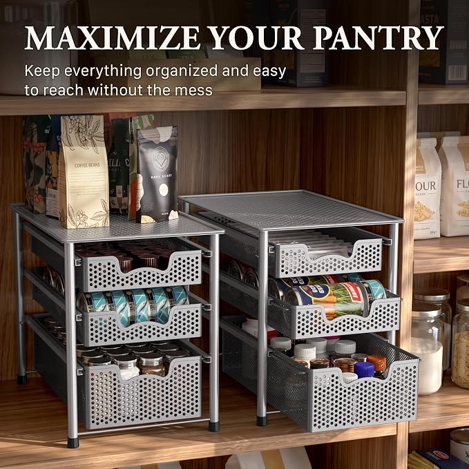 Simple Houseware Stackable 3 Tier Sliding Basket Organizer Drawer, Silver