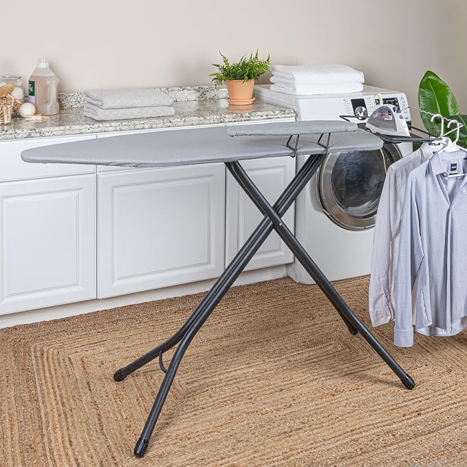 Household Essentials Wide Mega Ironing Board 4-Leg, Steel Top Pressing Station, Matte Black Frame, Grey Cover