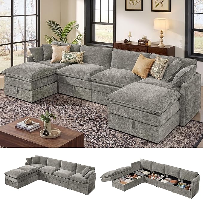 Ihanherry 135” Modular Sectional Sofa with Storage, U Shaped Cloud Couch with Movable Ottomans & 4 Pillows, Chenille Deep Seat Sectional Couches for Living Room, Apartment (Grey)