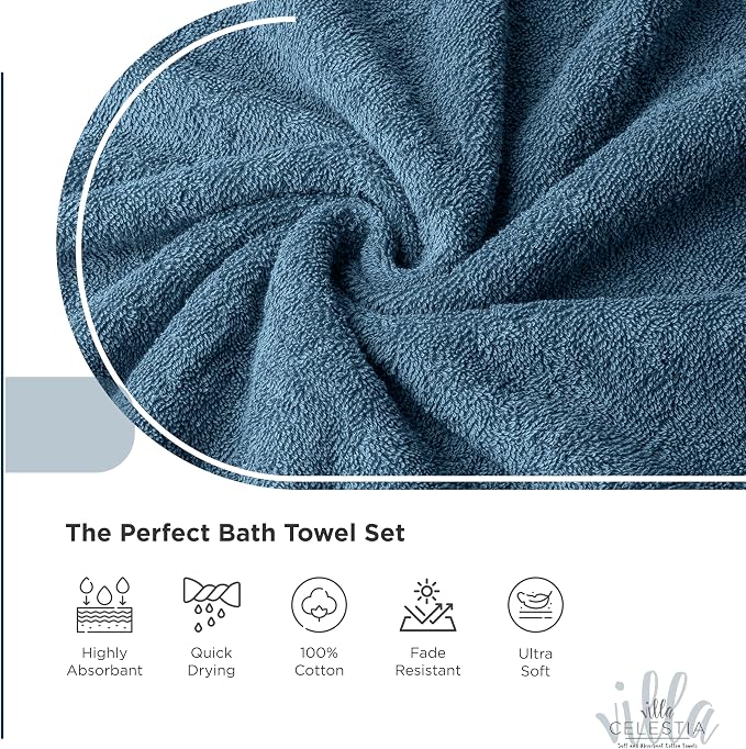 Villa Celestia 100% Cotton Bath Towel Set of 24-6 Bath Towels, 6 Hand Towels, 12 Wash Cloths, Sustainable, Soft, Highly Absorbent, Combed Cotton 24 Piece Set for Hotels, Spa, Bathroom, Dorm, Blue