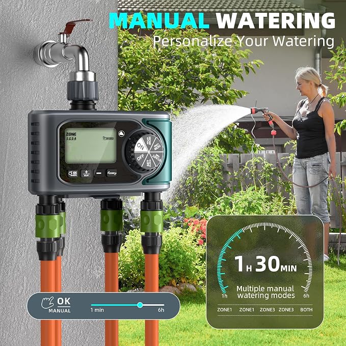 Sprinkler Timer 4 Zone, Programmable Water Timer for Garden Hose with Rain Delay, Manual and Automatic Irrigation Controller System, 4 Outlets Timed Irrigation Controller System for Lawn