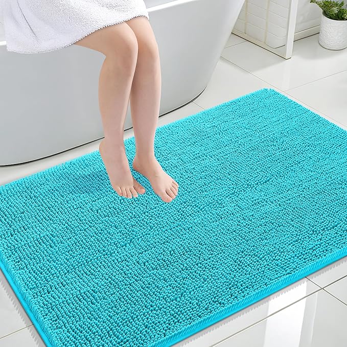 OLANLY Large Bathroom Rugs 44x32, Extra Soft Absorbent Chenille Bath Rugs, Rubber Backing Quick Dry, Machine Washable Bath Mats for Bathroom Floor, Tub and Shower, Home Decor Accessories, Aqua Sky