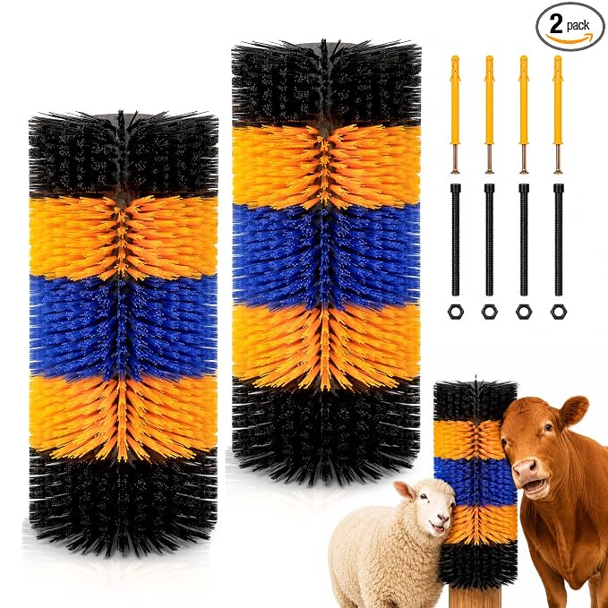 2PCS Livestock Scratching Brush for Goat, Heavy-Duty Post Grooming and Massage Scratch Brushes for Cow Donkey Goats Horse Sheep, with 8 Screws for Back Itch Relief & Keep Cleaning, 17" x 7.9"
