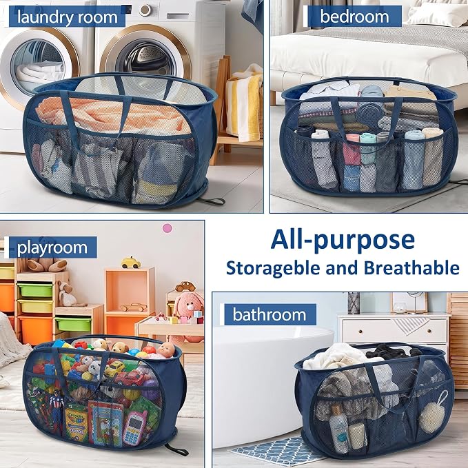 4 Pack Pop Up Laundry Hamper with Convenient Bags, Upgrade Collapsible Laundry Baskets, Foldable Laundry Basket Mesh Light Weight, Easy to Carry Clothes Hampers for Laundry, Dorm, Toys, Travel