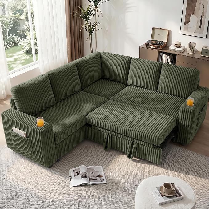L Shaped Sectional Sleeper Sofa, Pull Out Couch with Storage, Green | Pull Out Bed, 5 Seat Modular Design, Soft Corduroy Fabric, USB Charging, Cup Holders, Removable Covers, Easy Assembly