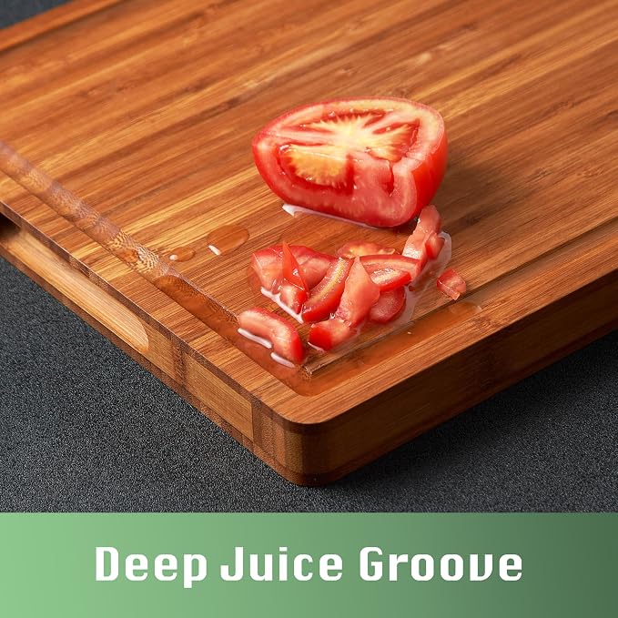 Allsum Bamboo Wood Cutting Board for Kitchen, 1" Thick Butcher Block, Cheese Charcuterie Board, with Side Handles and Juice Grooves, 16x11"
