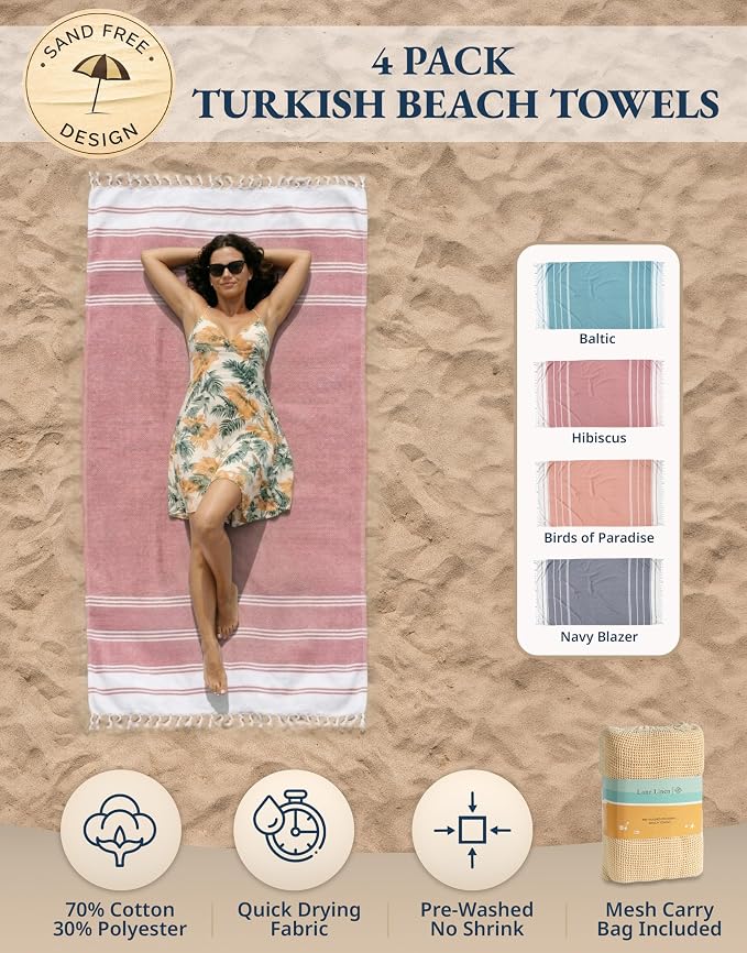 LANE LINEN 4 Pack Beach Towels, Oversized, Pre-Washed, Quick Dry - Multi | Sand Free, Lightweight & Absorbent Travel Towels - Extra Large Pool/Bath Towel - Vacation Essential, Machine Washable, Soft