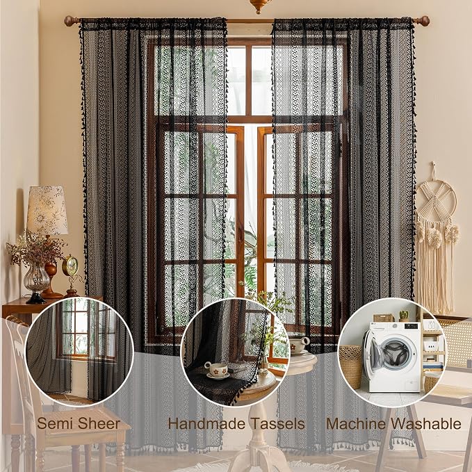 Sutuo Home Black Boho Sheer Curtains 84 inches Long for Bedroom Living Room, Bohemian Lace Window Curtains Crochet Privacy Farmhouse Vintage Chic Tassels Darkening Decor Rod Pocket, 2 Panels 50" W