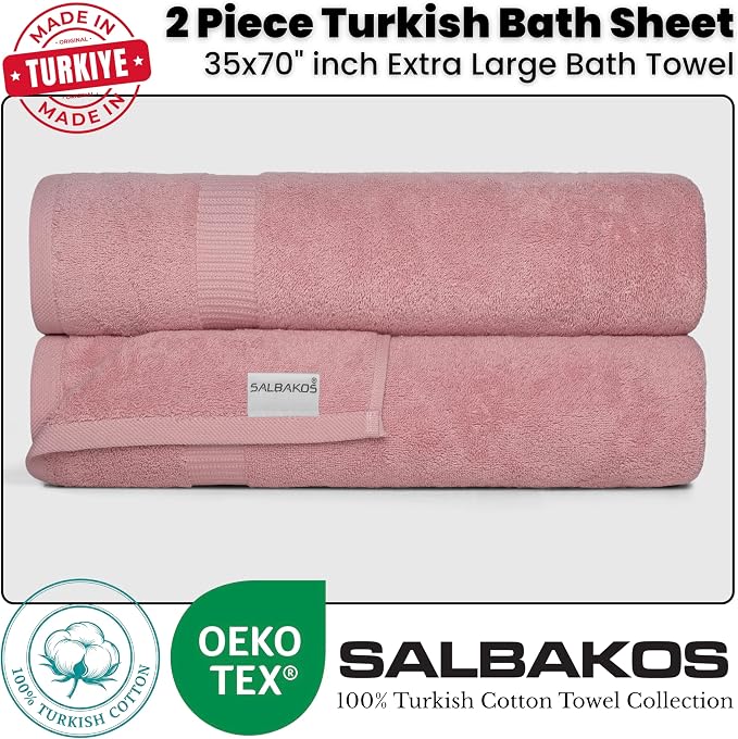 SALBAKOS 2-Piece 100% Turkish Cotton Bath Towels, Extra-Large 35x70, Rose | Oversized Bath Sheet Towel for Bathroom & Beach, Thick, Super Soft, Highly Absorbent, Premium Hotel Quality, Made in Turkey