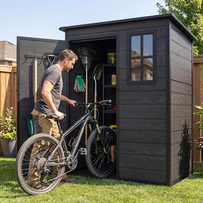 DWVO 5x3 FT Outdoor Storage Shed with Reinforced Floor, All-Weather Resin Storage Shed with Lockable Door & Window, Waterproof Garden Tool Shed for Backyard, Patio, Lawn