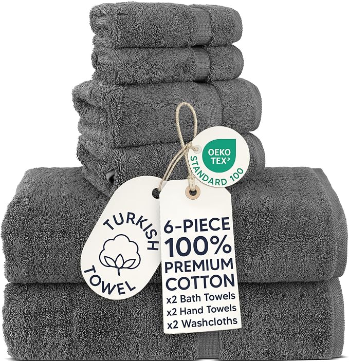 Chakir Turkish Linens 6 Piece Towel Set, 100% Cotton Turkish Towels for Bathroom, Luxury Soft Absorbent Bath Towel Set with 2 Bath Towels 2 Hand Towels 2 Washcloths, Dark Gray