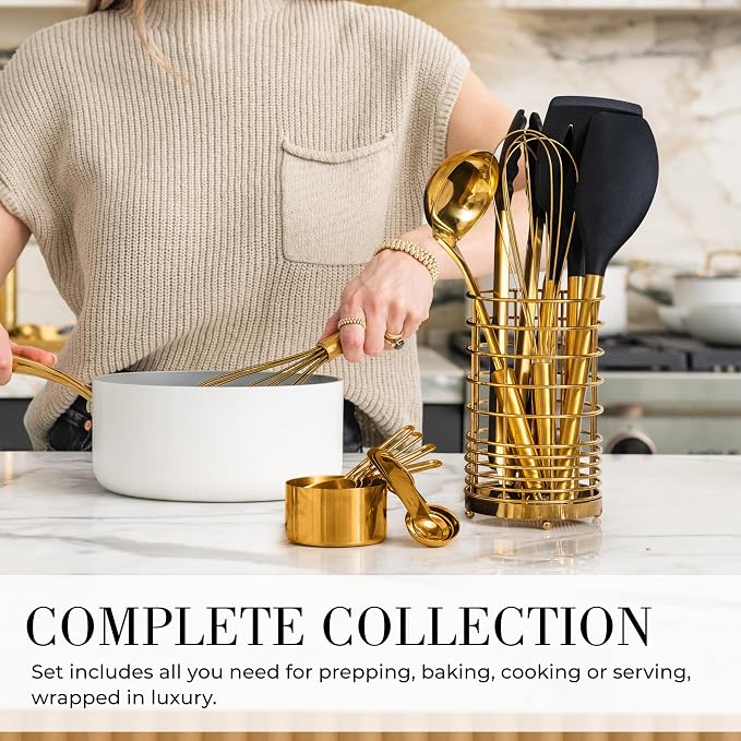 Styled Settings Black and Gold Kitchen Utensils Set - 15-Piece Nonstick BPA-Free Silicone Cooking Tools with Measuring Cups and Spoons - Luxury Kitchen Accessories for Stylish Cooking and Baking