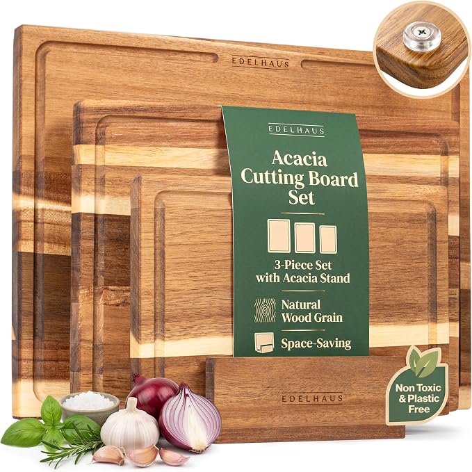 Acacia Wood Cutting Boards for Kitchen Set of 3 with Juice Groove | Non toxic FSC certified wooden chopping boards, knife-friendly, large kitchen boards for meat, cheese, charcuterie & serving