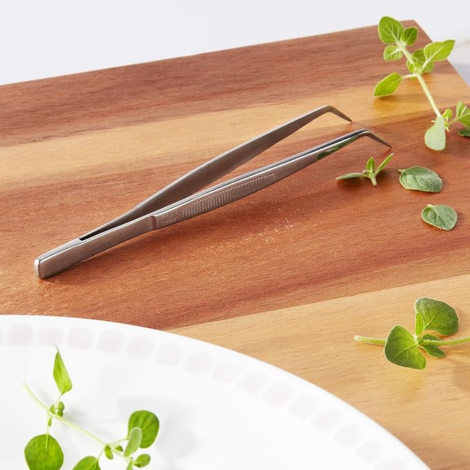 Mercer Culinary 18-8 Stainless Steel Chef Plating Tongs, Curved Fine Tip, 6-1/8 Inch