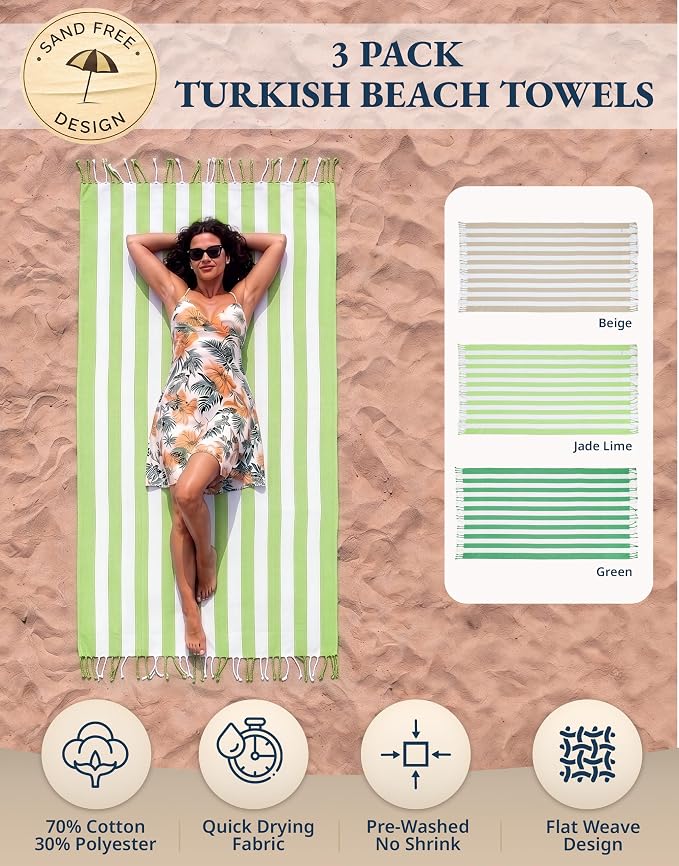 LANE LINEN 3 Pack Cotton Beach Towel, Oversized, 39"x71" - Tropical Garden | Classic Cabana Stripe - Lightweight & Packable - Great For Pool, Swim & Travel - Machine Washable, Tumble Dry Low - Pool Day