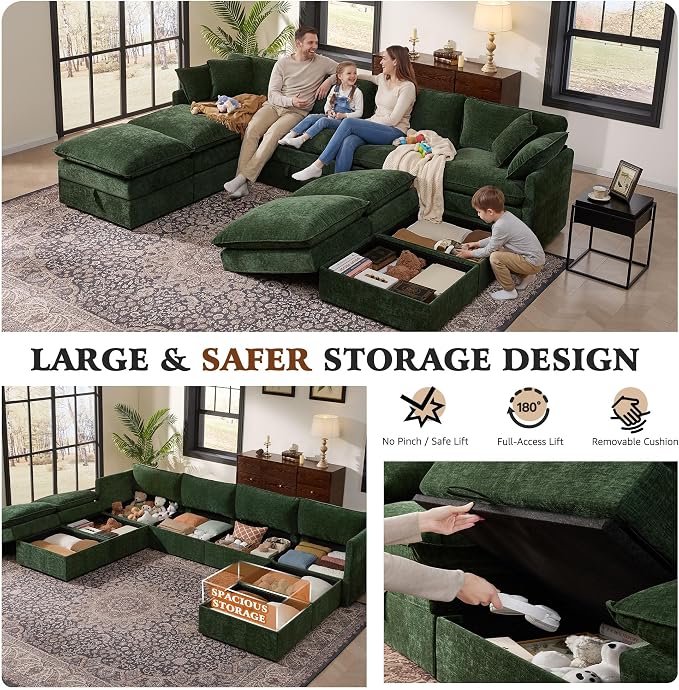 Ihanherry 135” Oversized Sectional Sofa Bed with Storage, 8-Seater Modular Cloud Couch with Movable Ottomans, Chenille Deep Seat Sleeper Couches for Living Room (Green)